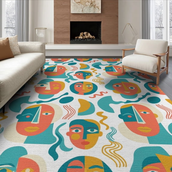 ODIKA 8'x10' Washable Area Rug Retro Playful Funky Asymmetrical Motif Designer Bathroom Abstract for Dining Room, Large Office, Lounge, Non-Slip Chair-Friendly Mat