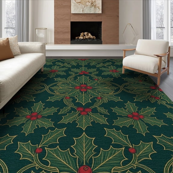 ODIKA 8'x10' Washable Area Rug Rings Festive Botanical Snake Motif Border Circle Round Leaves Refined for Dining Room, Large Office, Lounge, Non-Slip Chair-Friendly Mat