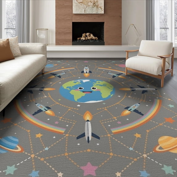 ODIKA 8'x10' Washable Area Rug Rocket Constellation Educational Plane Motifs Border Cartoon Galaxy Flowing for Living Room, Under Sectional, Family , Durable, Non-Slip