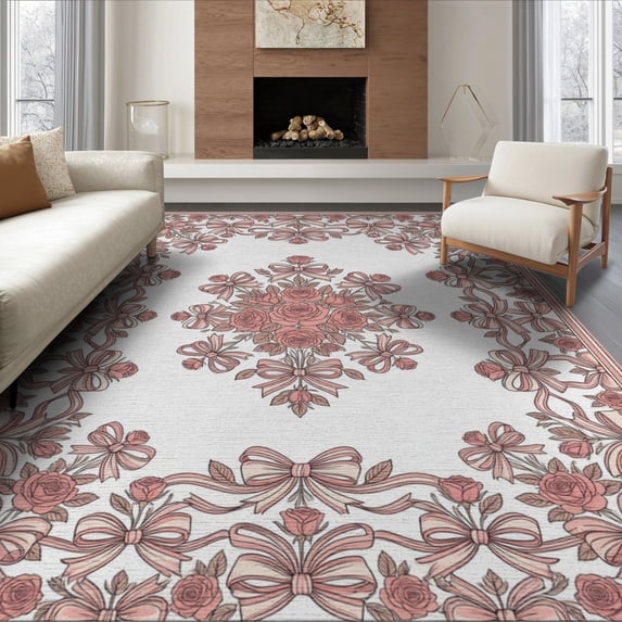ODIKA 8'x10' Washable Area Rug Rosebud Ribbon Border Shack Dainty Clusters Pink Delicate Refined for Living Room, Under Sectional, Family , Durable, Non-Slip