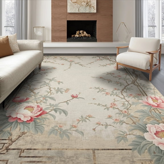 ODIKA 8'x10' Washable Area Rug Round Chinoiserie Shaped Botanical Peony Vine Border Solid Geometric for Living Room, Under Sectional, Family , Durable, Non-Slip