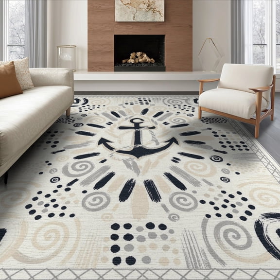 ODIKA 8'x10' Washable Area Rug Round Nautical Navy Dot Cluster Swirl Motif Geometric Abstract for King Size Bedroom Under Bed, Master Suite, Non-Shedding, Easy Care