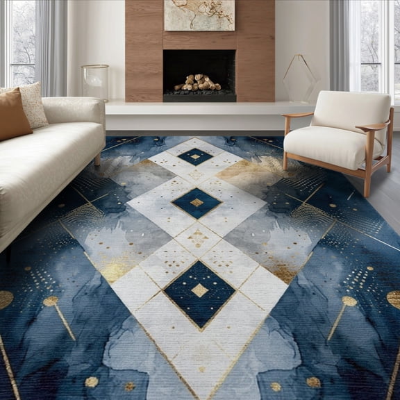 ODIKA 8'x10' Washable Area Rug Round Navy Abstract Boho Watercolor Extra Large Circle Dining for Living Room, Under Sectional, Family , Durable, Non-Slip