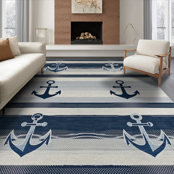 ODIKA 8'x10' Washable Area Rug Round Navy Abstract Nautical Wave Slate Cream Extra Large Circle for Living Room, Under Sectional, Family , Durable, Non-Slip