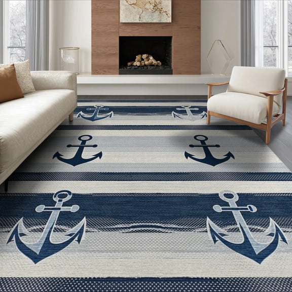 ODIKA 8'x10' Washable Area Rug Round Navy Abstract Nautical Wave Slate Cream Extra Large Circle for Living Room, Under Sectional, Family , Durable, Non-Slip