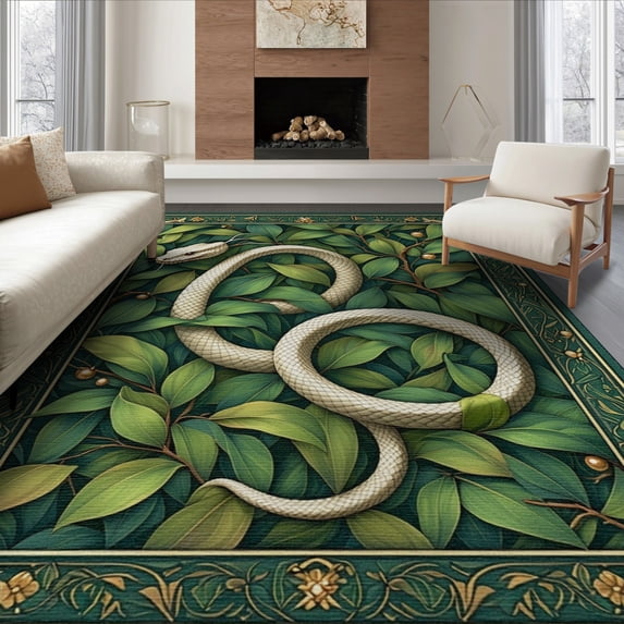 ODIKA 8'x10' Washable Area Rug Round Rings Snake Coil Leaves Festive Scroll Circle Classroom for Dining Room, Large Office, Lounge, Non-Slip Chair-Friendly Mat