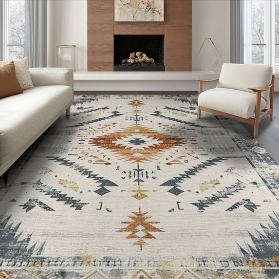 ODIKA 8'x10' Washable Area Rug Round Southwestern Cow Spotted Decorative Border Abstract Inspired for King Size Bedroom Under Bed, Master Suite, Non-Shedding, Easy Care