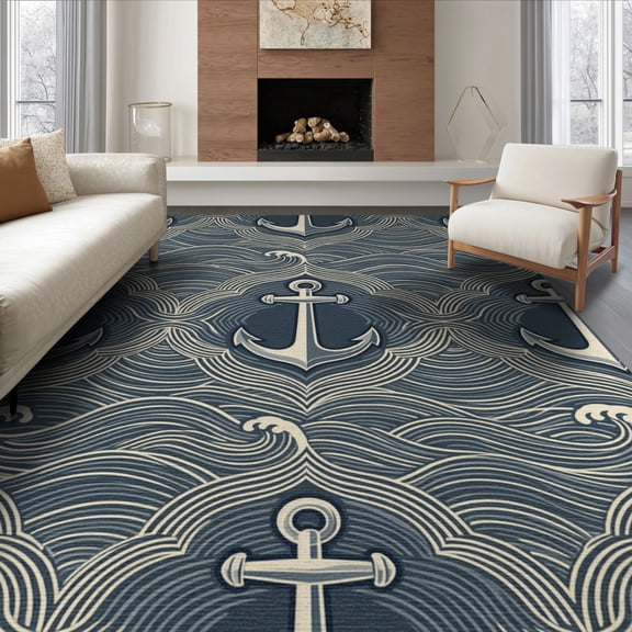 ODIKA 8'x10' Washable Area Rug Round Stylized Seafaring Symbols Abstract Wave Band Extra for King Size Bedroom Under Bed, Master Suite, Non-Shedding, Easy Care