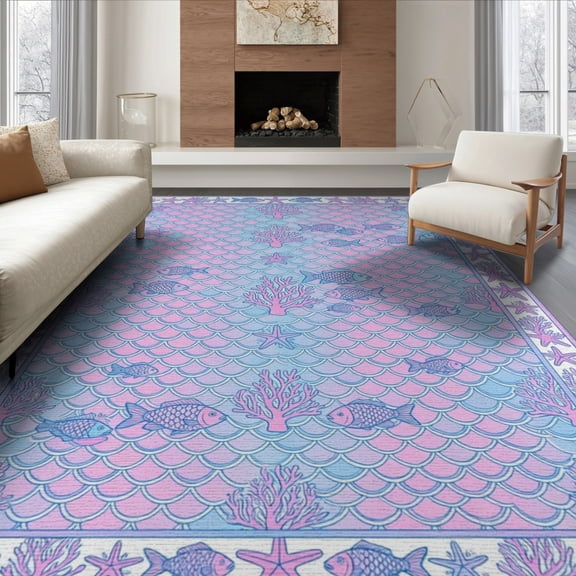 ODIKA 8'x10' Washable Area Rug Scale Mosaic Starfish Coral Fish Mermaid Gradient Refined Structured for Living Room, Under Sectional, Family , Durable, Non-Slip
