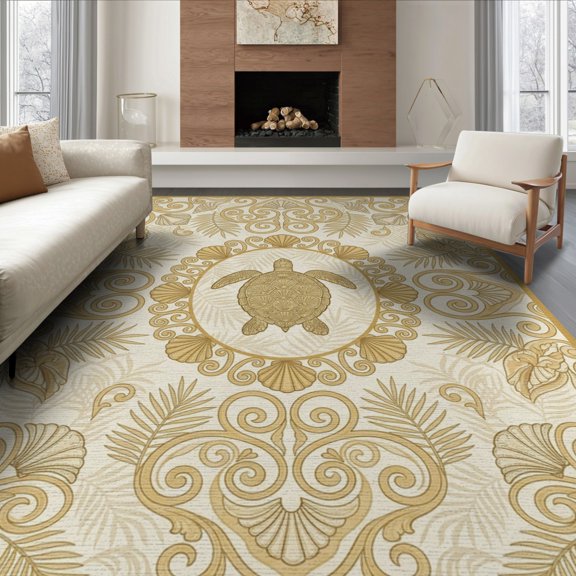 ODIKA 8'x10' Washable Area Rug Scroll Frame Nautical Ocean Wave Border Turtle Motif Seashell Playful Expressive for Living Room, Under Sectional, Family , Durable, Non-Slip