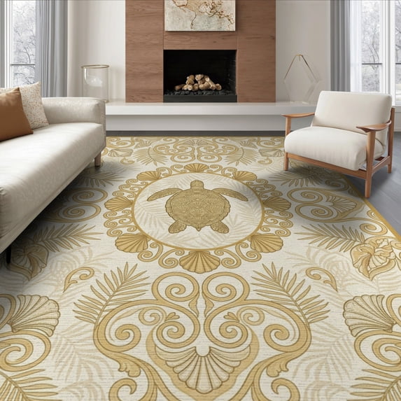 ODIKA 8'x10' Washable Area Rug Scroll Frame Nautical Ocean Wave Border Turtle Motif Seashell Playful Expressive for Living Room, Under Sectional, Family , Durable, Non-Slip