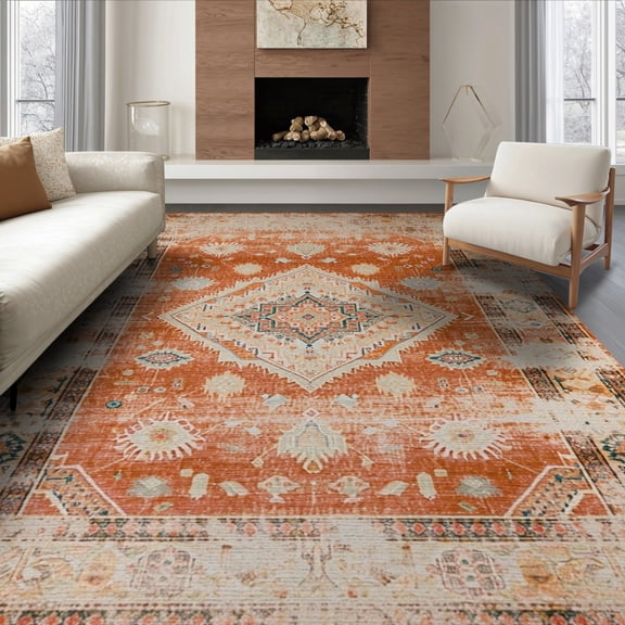 ODIKA 8'x10' Washable Area Rug Shaped Solid Vintage Round Distressed Motif Circle Border Boho for King Size Bedroom Under Bed, Master Suite, Non-Shedding, Easy Care