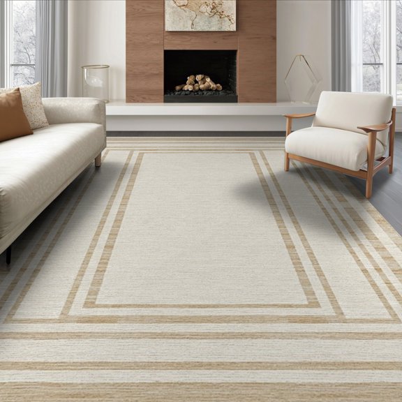ODIKA 8'x10' Washable Area Rug Sisal Inspired Boxed Grid Panels Pinline Border Subtle Tonal for Living Room, Under Sectional, Family , Durable, Non-Slip