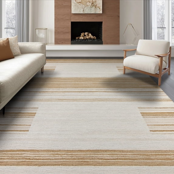 ODIKA 8'x10' Washable Area Rug Sisal Solid Field Inspired Tonal Banded Border Subtle Stripe for King Size Bedroom Under Bed, Master Suite, Non-Shedding, Easy Care