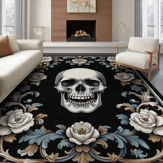 ODIKA 8'x10' Washable Area Rug Skull Goth Skeleton Damask Border Gothic Ornate Filigree Motif for King Size Bedroom Under Bed, Master Suite, Non-Shedding, Easy Care