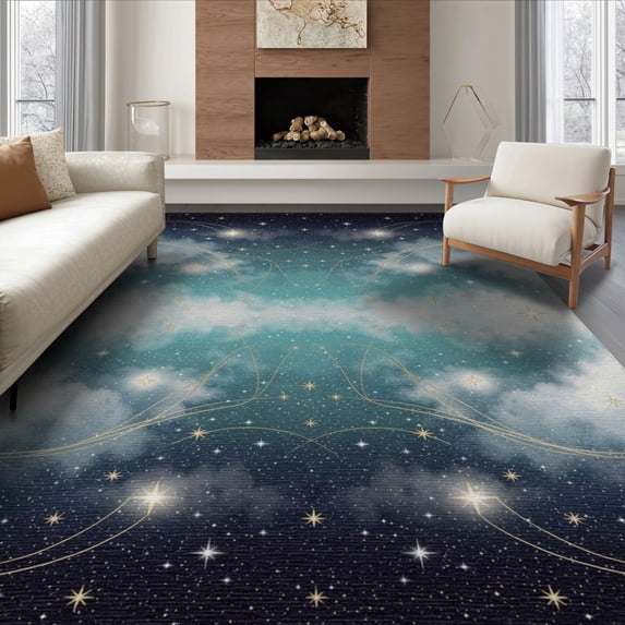 ODIKA 8'x10' Washable Area Rug Sky Nebula Cloud Design With Dreamy Celestial Star Field Starry Flowing Dynamic for Living Room, Under Sectional, Family , Durable, Non-Slip