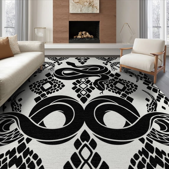ODIKA 8'x10' Washable Area Rug Snake Abstract Coiled Form Minimalist Contrast Serpent Artwork for Living Room, Under Sectional, Family , Durable, Non-Slip