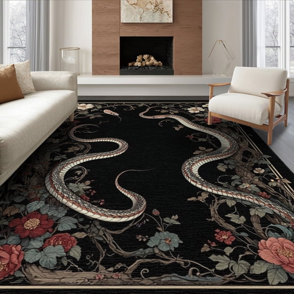 ODIKA Snake Art Dark Gothic Coiled Serpent With Abstract Floral Vines Non-Slip Flatwoven for Living Room, Under Sectional, Family