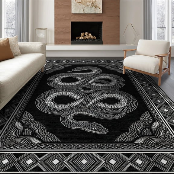 ODIKA 8'x10' Washable Area Rug Snake Monochrome Reptile Motif Symmetrical Border Serpent Contemporary for King Size Bedroom Under Bed, Master Suite, Non-Shedding, Easy Care