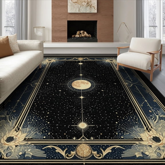 ODIKA 8'x10' Washable Area Rug Snake Moody Stars Vintage Frame Gothic Coiled Serpent Border for Dining Room, Large Office, Lounge, Non-Slip Chair-Friendly Mat