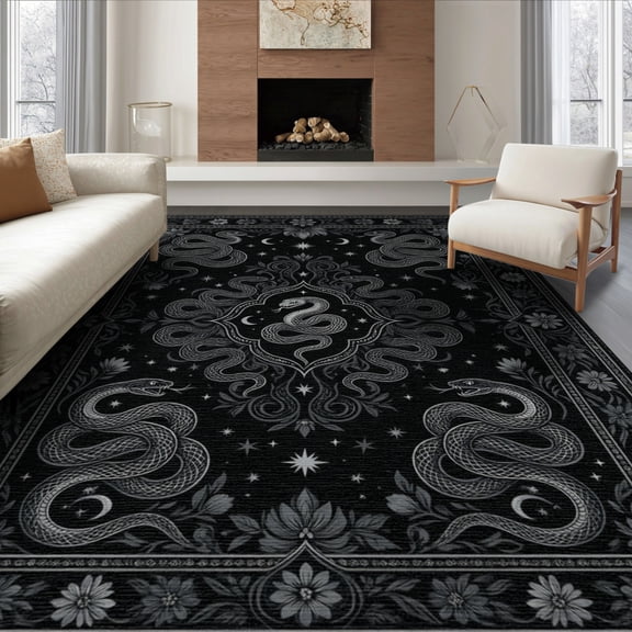 ODIKA 8'x10' Washable Area Rug Snake Moody Whimsical Boho Border Moth Witch Themed Gothic Witchy Refined for Dining Room, Large Office, Lounge, Non-Slip Chair-Friendly Mat