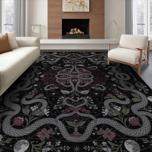 ODIKA 8'x10' Washable Area Rug Snake Witchy Moody Whimsical Frame Moth Witch Themed Carmel Gothic Flowing for Dining Room, Large Office, Lounge, Non-Slip Chair-Friendly Mat