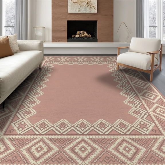 ODIKA 8'x10' Washable Area Rug Solid Boho Interlocking Border Shaggy Look Minimalist Subtle Pink Flowing for Dining Room, Large Office, Lounge, Non-Slip Chair-Friendly Mat