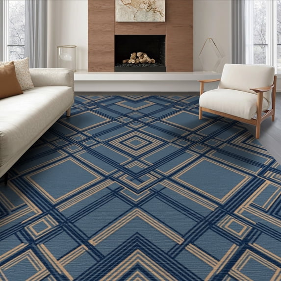 ODIKA 8'x10' Washable Area Rug Solid Structured That Layout Lines Balanced Couch Navy Geometric for Dining Room, Large Office, Lounge, Non-Slip Chair-Friendly Mat
