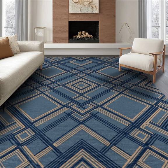 ODIKA 8'x10' Washable Area Rug Solid Structured That Layout Lines Balanced Couch Navy Geometric for Dining Room, Large Office, Lounge, Non-Slip Chair-Friendly Mat