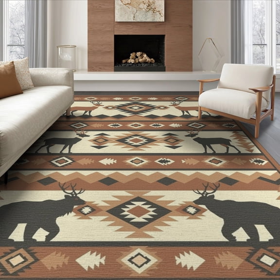 ODIKA 8'x10' Washable Area Rug Southwestern Motif Livingroom Neutral Wildlife Cabin Border Large Flowing for King Size Bedroom Under Bed, Master Suite, Non-Shedding, Easy Care