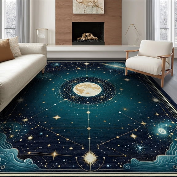 ODIKA 8'x10' Washable Area Rug Space Star Galaxy Constellation Map With Cosmic Night Sky Design for Dining Room, Large Office, Lounge, Non-Slip Chair-Friendly Mat