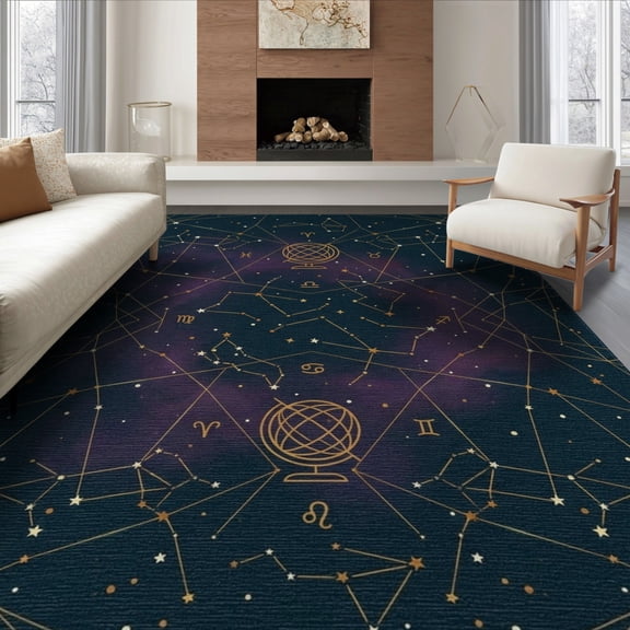 ODIKA 8'x10' Washable Area Rug Space Themed Floor Covering With Mapped Stars And Celestial Lines for King Size Bedroom Under Bed, Master Suite, Non-Shedding, Easy Care