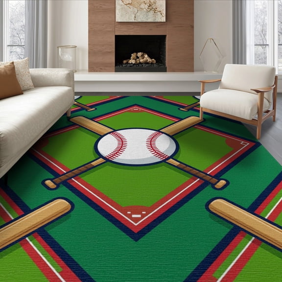 ODIKA 8'x10' Washable Area Rug Sport Design With Crossed Bats Ball And Stitched Seam Accents Baseball Field for King Size Bedroom Under Bed, Master Suite, Non-Shedding, Easy Care