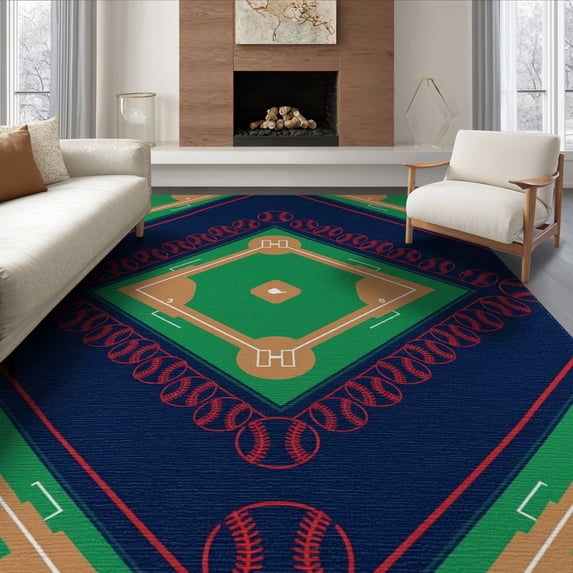 ODIKA 8'x10' Washable Area Rug Sport Diamond With Bold Numbered Bases And Ball Border Baseball Field Refined for Dining Room, Large Office, Lounge, Non-Slip Chair-Friendly Mat