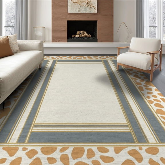 ODIKA 8'x10' Washable Area Rug Spots Cow Ivory Tone Irregular Dots Structured Column Border for King Size Bedroom Under Bed, Master Suite, Non-Shedding, Easy Care