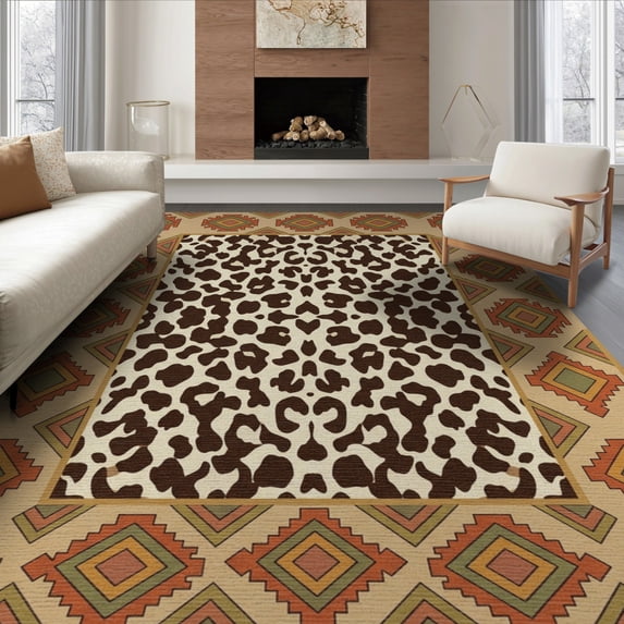 ODIKA 8'x10' Washable Area Rug Spotted Boho Southwestern Border Fabric Table Placemat Cow Print Playful for Dining Room, Large Office, Lounge, Non-Slip Chair-Friendly Mat