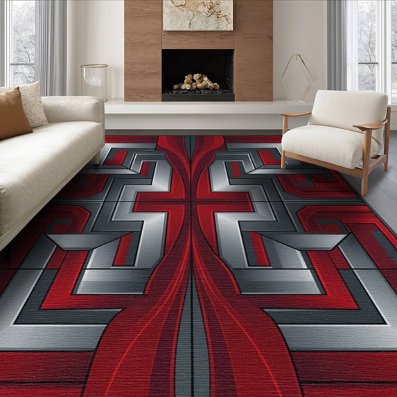 ODIKA 8'x10' Washable Area Rug Squares Bold Block Border Long Interlocking Geometric Abstract Refined for Living Room, Under Sectional, Family , Durable, Non-Slip