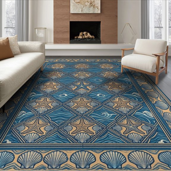 ODIKA 8'x10' Washable Area Rug Starfish Nautical Seashell Wave Boho Artwork Ocean Bathroom Symmetrical for Living Room, Under Sectional, Family , Durable, Non-Slip