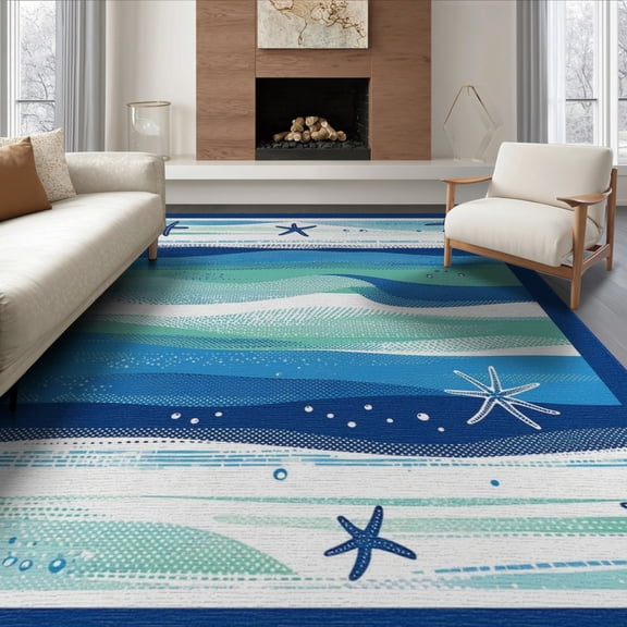 ODIKA Starfish Ocean Motif Nautical Wave Stripe Bathroom Border Seashell for Living Room, Under Sectional, Family , Non-Slip Flatwoven