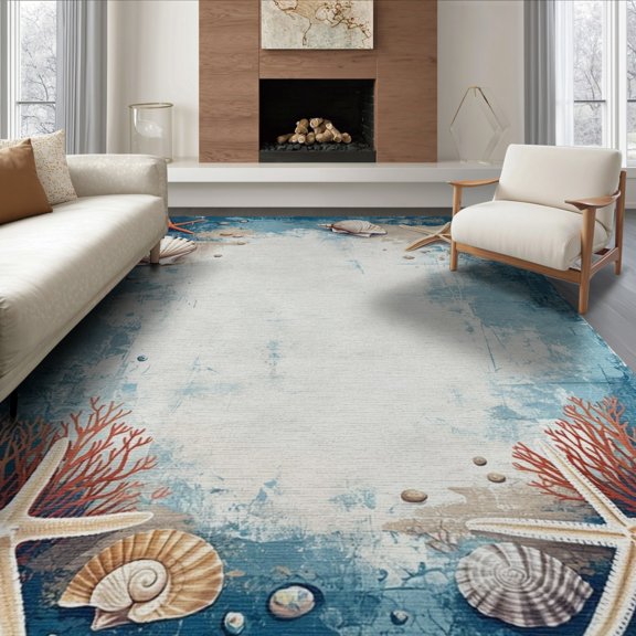 ODIKA 8'x10' Washable Area Rug Starfish Ocean Seashell Distressed Nautical Charm Bathroom Coral for King Size Bedroom Under Bed, Master Suite, Non-Shedding, Easy Care