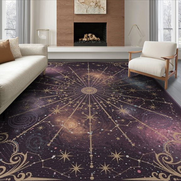 ODIKA 8'x10' Washable Area Rug Starry Cosmic Radiant Galaxy Constellation Motif Swirl Purple Flowing Dynamic for Living Room, Under Sectional, Family , Durable, Non-Slip