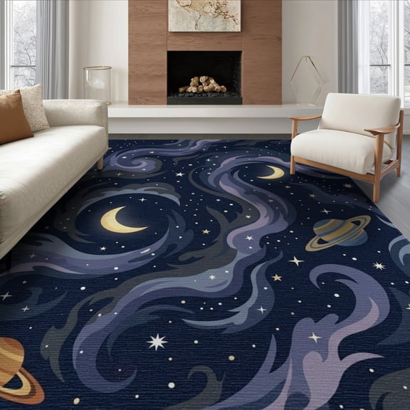 ODIKA 8'x10' Washable Area Rug Starry Planets Motif Planetary Stars Themed Large Nebula Galaxy Playful for Dining Room, Office, Lounge, Non-Slip Chair-Friendly Mat