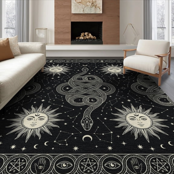 ODIKA 8'x10' Washable Area Rug Stars Tarot Border Divination Mushroom Runway Gothic Boho Snake Playful for Dining Room, Large Office, Lounge, Non-Slip Chair-Friendly Mat