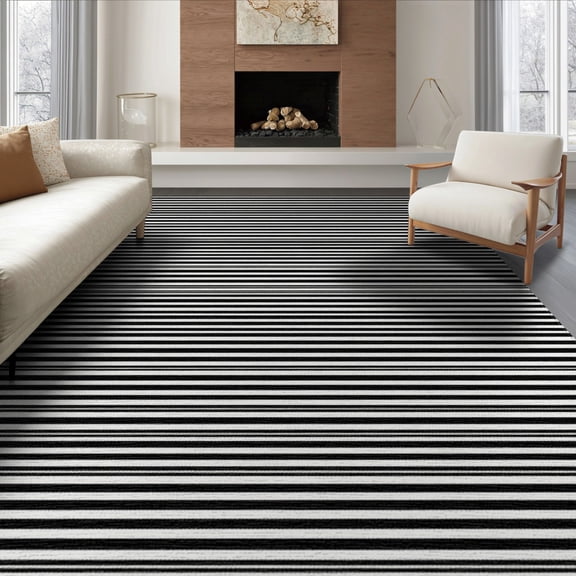 ODIKA 8'x10' Washable Area Rug Stripe Contrast Alternating Bold Lines Geometric Layering Striped for Living Room, Under Sectional, Family , Durable, Non-Slip