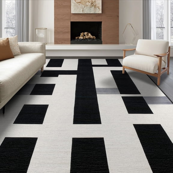 ODIKA 8'x10' Washable Area Rug Striped Abstract Bold Monochrome Motif Concentric Ring Minimalist for Living Room, Under Sectional, Family , Durable, Non-Slip