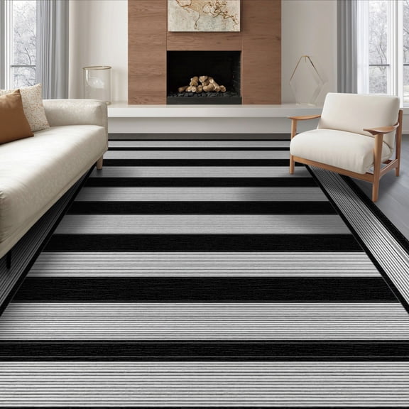 ODIKA 8'x10' Washable Area Rug Striped Balanced Front Repeating Widths Edges Transitional Palette for King Size Bedroom Under Bed, Master Suite, Non-Shedding, Easy Care
