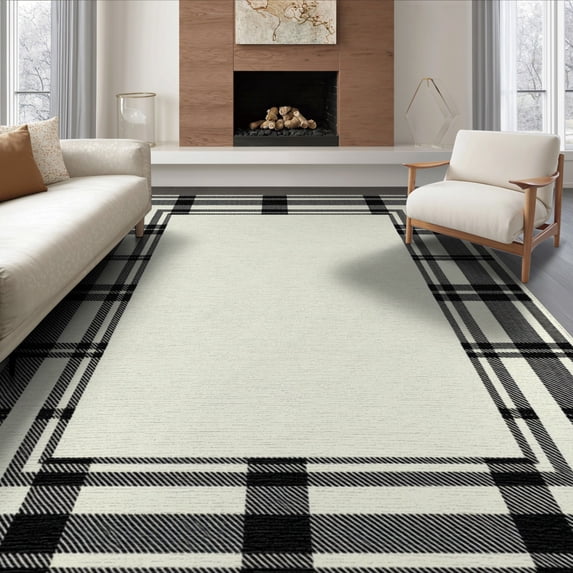 ODIKA 8'x10' Washable Area Rug Striped Border Farmhouse Bold Banded Frame Ticking Ivory Tan Refined Structured for King Size Bedroom Under Bed, Master Suite, Non-Shedding, Easy Care
