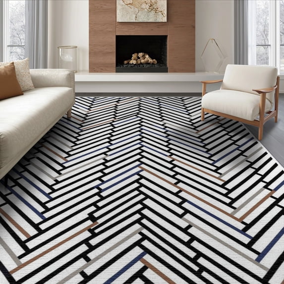 ODIKA 8'x10' Washable Area Rug Striped Door Zigzag Doormat Featuring Bold Monochrome Stripe for King Size Bedroom Under Bed, Master Suite, Non-Shedding, Easy Care