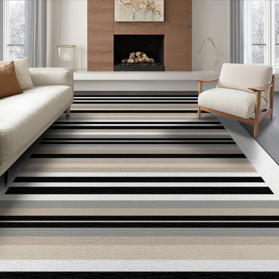 ODIKA 8'x10' Washable Area Rug Striped Horizontal Front Bands Symmetrical Layout Matching Border for King Size Bedroom Under Bed, Master Suite, Non-Shedding, Easy Care
