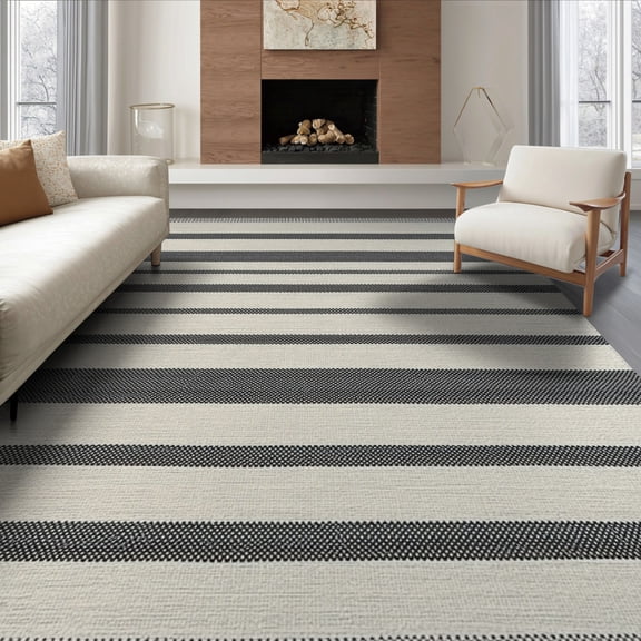 ODIKA 8'x10' Washable Area Rug Striped Modern Farmhouse With Reversible Boho Banded Accents for King Size Bedroom Under Bed, Master Suite, Non-Shedding, Easy Care